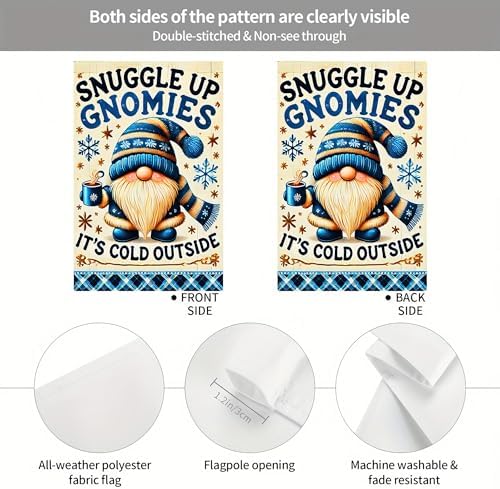 Winter Garden Flag - Double Sided 12x18, Christmas Gnomies, Snuggle Up Gnomies, Cozy Gnome Design, Outdoor Winter And Holiday Decor