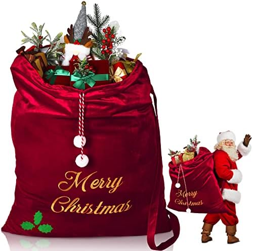 WILLBOND Santa Claus Bags Velvet Large Christmas Sack Bags with Drawstring 36 x 30 Inch Santa Gift Sacks for Christmas Party Decor Xmas Stocking Stuffer Supplies(Burgundy)