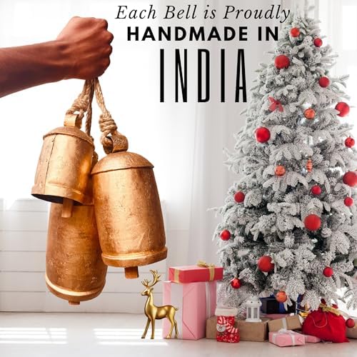 Giant Decorative Cow Bells Set of 3 Huge Christmas Bells for Decoration - XL Vintage Harmony Cowbells Rustic on Jute Rope Hanging Gold Tibetan Lucky Charm (6"-8"-10")