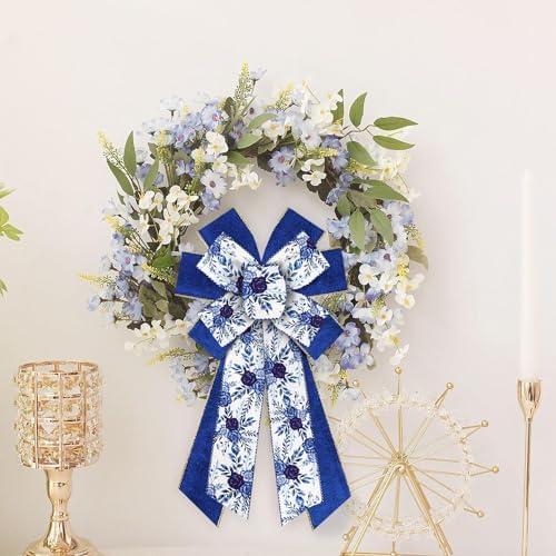 2 Rolls Christmas Flowers Ribbons for Wreath Bows, 2.5"×10 Yards Blue Velvet Wired Edge Ribbon Blue Rose Ribbons for Crafting Wedding Bridal Shower Decorations Supplies