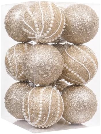 3.15" 12pcs Christmas Ball Ornaments Sequin Shatterproof Christmas Tree Ornaments DecorativeHanging Pearl Balls for Xmas Trees,Holiday Party(Champagne)