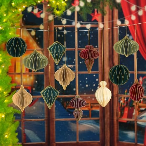 12Pcs Christmas Paper Honeycomb Ornaments for Tree, 3D Glitter Edge Paper Honeycomb Lanterns Foldable Neutral Hanging Decorations for Xmas Tree New Year Holiday Party Home Decor, Red Green Beige