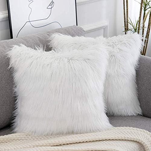 WLNUI Set of 2 White Christmas Decorative Fluffy Pillow Covers New Luxury Series Merino Style Faux Fur Throw Pillow Covers Square Fuzzy Cushion Case for Sofa Bedroom Living Room Home Decor 18x18 Inch
