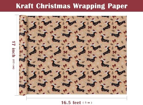 WRAPAHOLIC Kraft Dog Christmas Wrapping Paper - Mini Roll - 17 Inch x 16.5 Feet - Dachshund Dog and Red Bow Wrapping Paper for Christmas, Holiday, Party Celebration