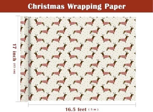 WRAPAHOLIC Dog Christmas Wrapping Paper - Mini Roll - 17 Inch x 16.5 Feet - Chritsmas Dachshund Dog Wrapping Paper for Xmas Holiday, Party Celebration
