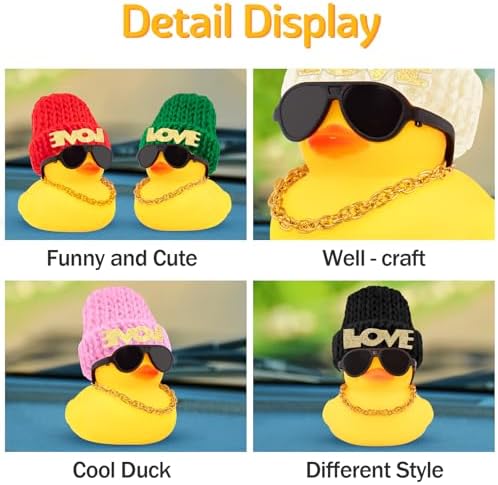 wonuu Car Dashboard Rubber Ducks Saint Valentine's Day Decorations, Christmas Eve Rubber Ducky for Car Ornament Cute Duck with Love Knit Hat, Glasses, Necklace, Pink