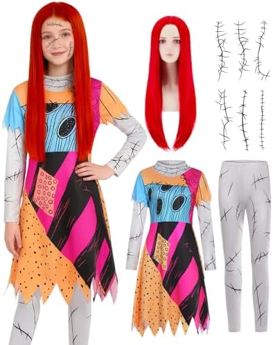 Kids Christmas Nightmare Costume Girls Halloween Costumes Long Sleeve Dress with Patch Movie Character Cosplay Outfit