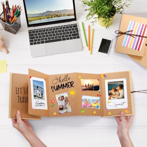 Hacaroa 4 Pack 6 x 8 Inches Accordion Scrapbook Brown Pages, Hardcover Kraft Paper Photo Albums, Stretchable Folding DIY Handmade Adventure Book Gift for Anniversary, Graduation, Christmas