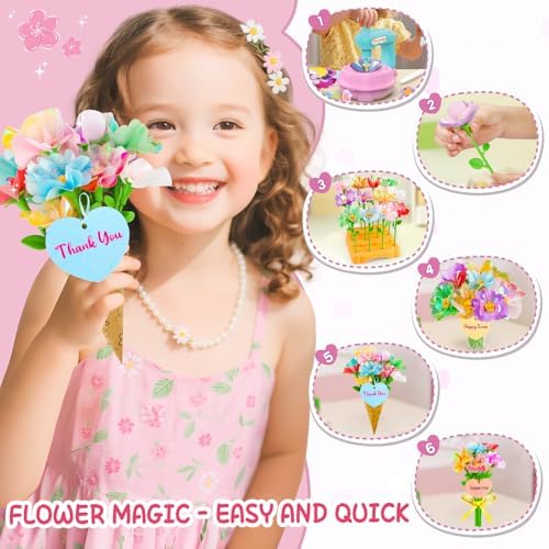 Wwzzey Fabric Flower Bouquets Toys - Arts and Crafts for Kids Ages 4-8 8-12, Kids Crafts DIY Kit with Blessing Cards, Birthday Christmas Gifts for 4 5 6 7 8+ Year Old Girls Boys
