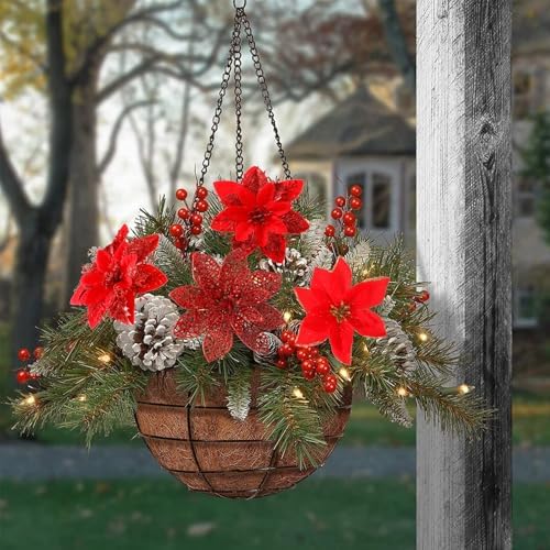 Floweroyal 30pcs Poinsettia Artificial Christmas Flowers Decorations with Clips and Berry Stems Glitter Ornaments for Christmas Tree Wreath Fireplace Stairs Decor (Red-3 Styles)