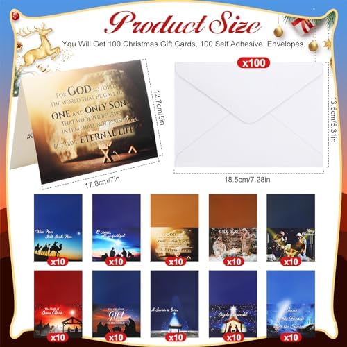 Zhanmai 100 Pack Religious Christmas Cards with Bible Verses, Christian Nativity Cards with Envelopes, Stickers for Christmas Gifts (Classic Style)