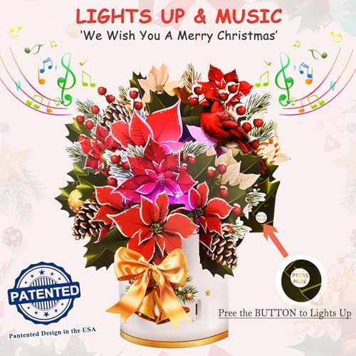 Pop Up Christmas Cards with Lights and Music, 12 inch Paper 3D Poinsettia Bouquet Design, Musical Xmas Flower Popup Greeting Card with Note Card & Envelope for Christmas Holiday Decoration