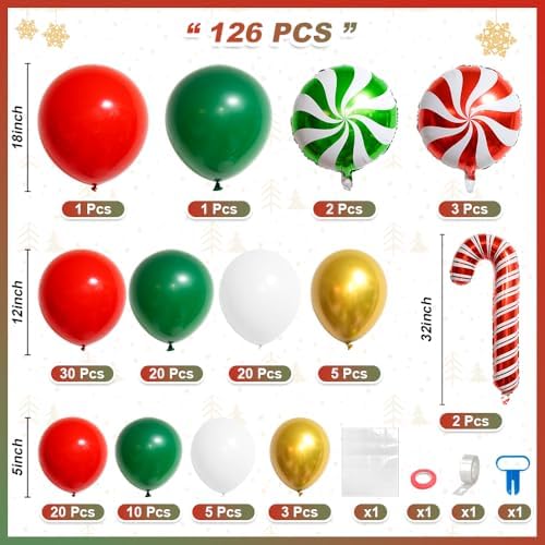 126 PCS Red Green White Christmas Balloon Garland Arch Kit, Gingerbread Holiday Balloon Arch Kit Xmas Christmas Decorations Balloons Christmas Party Garland Balloons Candy Cane Balloon Arch Kit