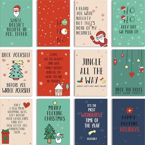 24 Pack Humorous Christmas Cards Assortment, 12 Design Assorted Boxed Sarcastic Christmas Cards, Happy Holiday Cards With Envelopes & Sealing Stickers, 4 x 6 Inches