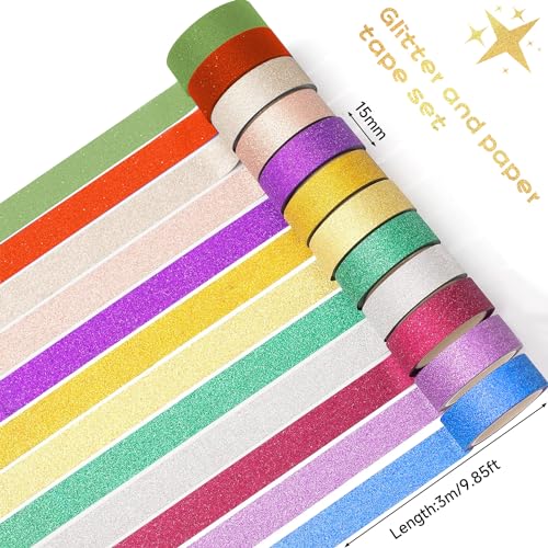 12 Rolls Glitter Washi Tape Set Christmas Washi Masking Tape Decorative Adhesive Tape for Scrapbooking DIY Crafts Crafters Embellished Journals Planners Cards Gift Wrapping Ribbons Wedding
