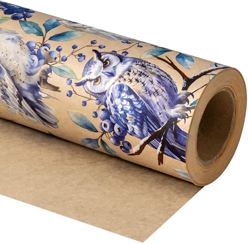 WRAPAHOLIC 30 Inch Jumbo Kraft Christmas Wrapping Paper - 30 Inch x 33 Feet - Owl Wrapping Paper Wild Animal Winterfall Watercolor Design for Christmas, Holiday, Party Celebration