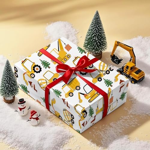 WRAPAHOLIC Cars Christmas Wrapping Paper - Mini Roll - 17 Inch x 16.5 Feet - Yellow Digger Construction Wrapping Paper for Christmas Holiday, Party Celebration