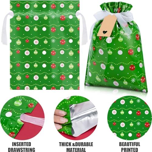Asoulin Christmas Drawstring Gift Bags with Tags - 40 Pcs Christmas Gift Bag Assorted Size Large Medium Small Foil Gift Wrapping Bag for Birthday, Goodies, Xmas Holiday Party Favor Decoration Supplies