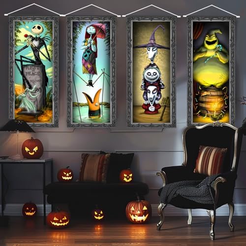 4 Packs Jack Sally Banners Porch Signs Halloween Decor Christmas Nightmare Hanging Vintage Banner Halloween Decorations Outdoor Horror Poster for Indoor Stretching Portraits Before Party Banner Wall Art Wallpaper