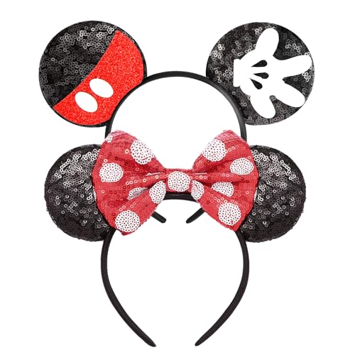 2 Pcs Mouse Ears Sequin Headbands for Women, Mouse Ears Bows Headbands for Princess Decoration Cosplay Birthday Christmas Party (Palm+polka Dot)