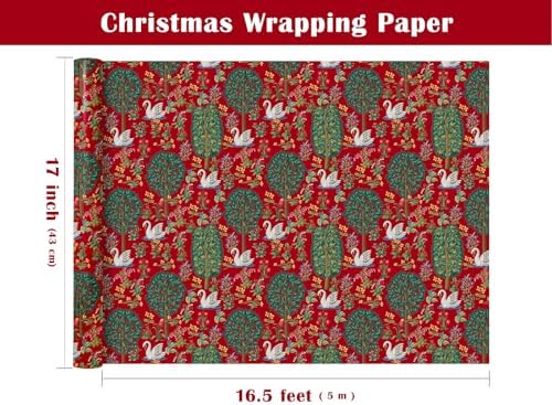 WRAPAHOLIC Vintage Christmas Wrapping Paper Roll - Mini Roll - 17 Inch x 16.5 Feet - Retro Christmas Wrapping Paper with Swan, Trees and Flowers in Middle Ages for Xmas Holiday, Party Celebration
