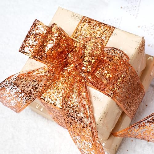 MAYREEL 2.5 Inch Orange Mesh Wired Halloween Ribbon Metallic Sequin Glitter Web for Christmas Tree Gift Wrapping Crafts Topper Bows Wreaths Holiday Decor Garland 10 Yards