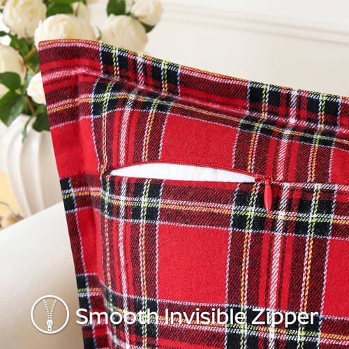 OTOSTAR Pack of 2 Christmas Scottish Plaid Throw Pillow Covers Decorative Linen Check Tartan Square Pillow Covers with Stitched Edge for Sofa Couch Bed Farmhouse Home Decor 20x20 Inches, Red