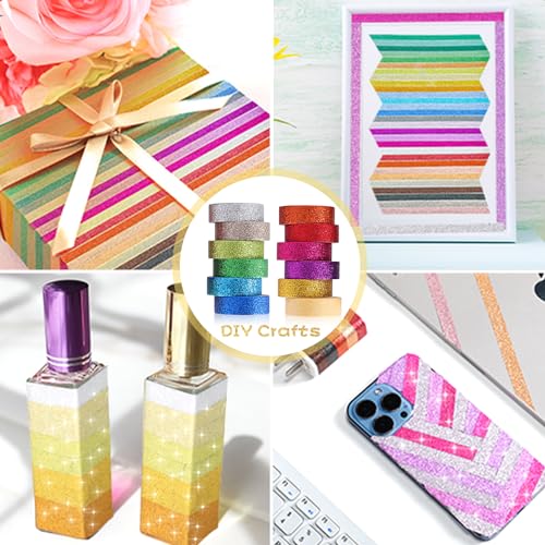 12 Rolls Glitter Washi Tape Set Christmas Washi Masking Tape Decorative Adhesive Tape for Scrapbooking DIY Crafts Crafters Embellished Journals Planners Cards Gift Wrapping Ribbons Wedding