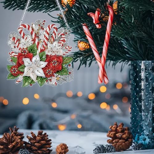 Christmas Diamond Art Hanging Kits for Adults, Special Shaped Diamond Painting,Double Sided 5D DIY Acrylic Diamond Art Painting Window Pendants Home Garden Wall Hanging Kits Cane candy wreath Ornament