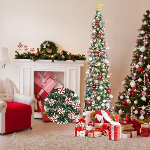 HMASYO 5 FT Pop Up Christmas Tree with Timer Lights and Decorations, Green Tinsel Christmas Tree with Candy and 24 Balls Ornament, Collapsible Pencil Tree Xmas Decoration for Home, Office, Party