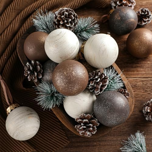 Yunlly 12 Pcs Textured Christmas Ball Ornaments 2.36'' Neutral Christmas Tree Decor Modern Vintage Brown Hanging Decor Shatterproof Home Ornaments for Large Rustic Farmhouse Xmas Tree (Vintage Copper)