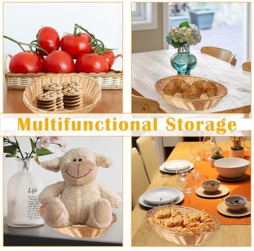 12 Pack Plastic Oval Basket, Empty Bread Basket 10 x 6.25 x 3 Inch Food Storage Basket Bulk, Plastic Wicker Baskets Bin for Kitchen Serving, Centerpiece Display, Christmas Gifts, Brown
