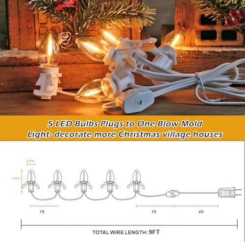 5 Base C7 String Bulbs Christmas Village Light Accessory Cord with 5 LED Light Bulb Universal Clip White Cord with On/Off Spare Fuse Switch Plugs for Decorations Christmas Village House