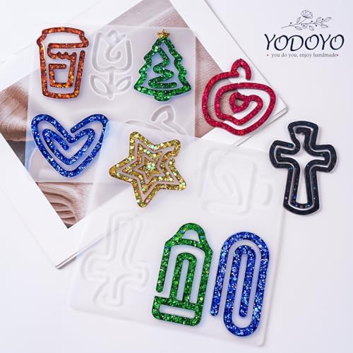 10-Cavity Silicone Resin Bookmark Mold with Varieties of Shapes and Size, Paper Clip Molds with Christmas Tree Cross Apple Shapes for DIY UV Resin Crafts, DIY Unique Gifts for Book Lovers