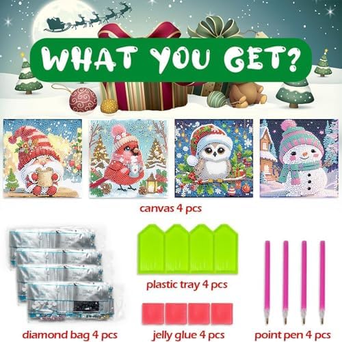xackcme 4 PCS Diamond Art Painting Kits for Kids, Christmas Diamond Art for Kids Ages 4-8-12, Cardinal Gnome Snowmen Owl Gem Painting Kit Crafts Beginners for Xmas Gift Home Wall Decor (6x6 inch)