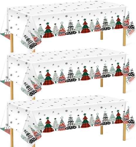 3 Pack Christmas Tablecloth, Disposable Plastic Xmas Table Cover 54 x 108 Inch Rectangular, Buffalo Plaid Table Cloth, Party Supplies for Holiday