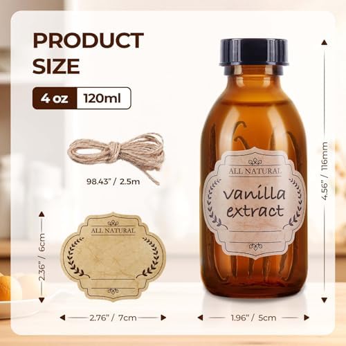 4 oz Boston Glass Bottle with Cap, Empty Glass Bottles for Homemade Vanilla Extract, Essential Oils, Juice, Potion, Syrup, Liquids, Christmas, Holiday Gift (Brown 4 Pack)