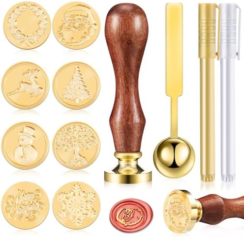 Xuniea 12 Pieces Christmas Halloween Wax Seal Stamp Set Seal Wax Stamps with Wooden Handle, Melting Spoon, Metallic Pen for Vintage Stamp Decoration (Classic Style)