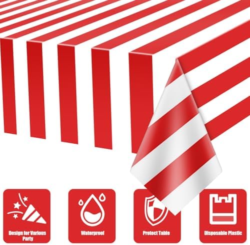 Carnival Theme Party Decorations Tablecloths, Circus Plastic Table Covers Rectangle Disposable Red and White Striped Tablecloth Supplies for Kids Birthday Movie Night Christmas, 87'' x 51'', 3pcs