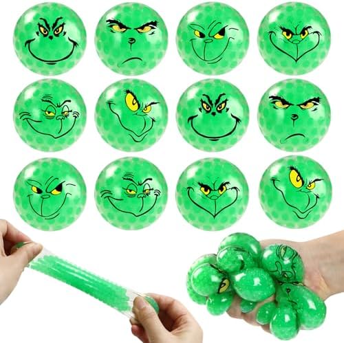 12Pcs Christmas Stress Balls,Christmas Green Monster Squishy Toy for Adults,Squishy Squeeze Relief Balls Bulk Fidget Toys,Christmas Stocking Stuffer Party Favors