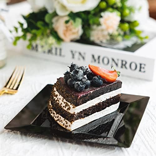 100 Pack Black Plastic Square Dessert Plates, 6.5" Disposable Salad Plates Heavy Duty Plates for Party, Wedding, Christmas, Easter