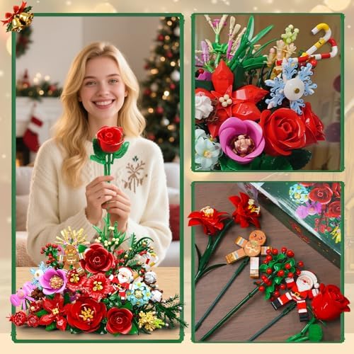 CUBIMANA 25 Pack Christmas Flower Bouquet Building Set with Light - Flowers Botanical Collection Rose Santa Gingerbread Man Artificial Plant Home Decor Party Favor Christmas Gifts for Adults Kids 12+