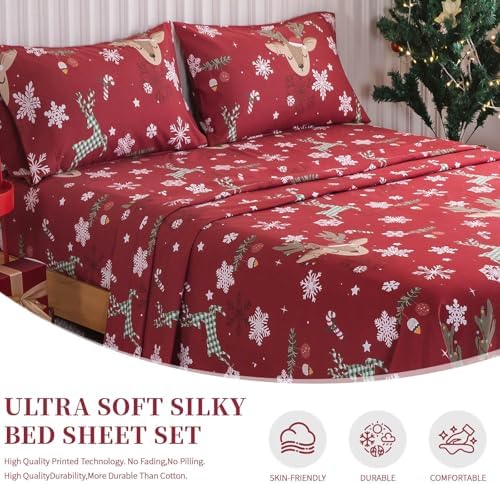 KACEMOO Queen Size Christmas Sheet Set, 4Pcs Red Deer Sheet Set, Deep Pocket Winter Warm Bed Sheet Set, Soft Brushed Microfiber Pattern Holiday Bedding Sheets