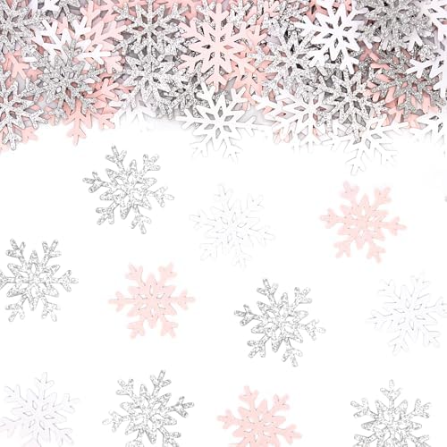 200PC White Pink Silver Snowflake Confetti for Winter Wonderland Decorations Small Snowflakes Table Scatter for Winter Onederland Christmas Birthday Baby Shower Party Table Decor Supplies