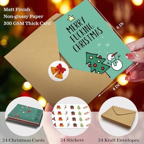 24 Pack Humorous Christmas Cards Assortment, 12 Design Assorted Boxed Sarcastic Christmas Cards, Happy Holiday Cards With Envelopes & Sealing Stickers, 4 x 6 Inches