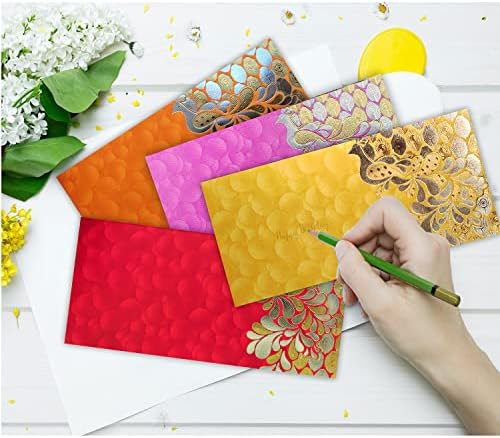 PARTH IMPEX Shagun Gift Envelope for Cash (Pack of 50) 7.5" x 3.5" Peacock Feather Gold Silver Foil Stamping Assorted Color Money Holder Card for Christmas Diwali Birthday Wedding Graduation