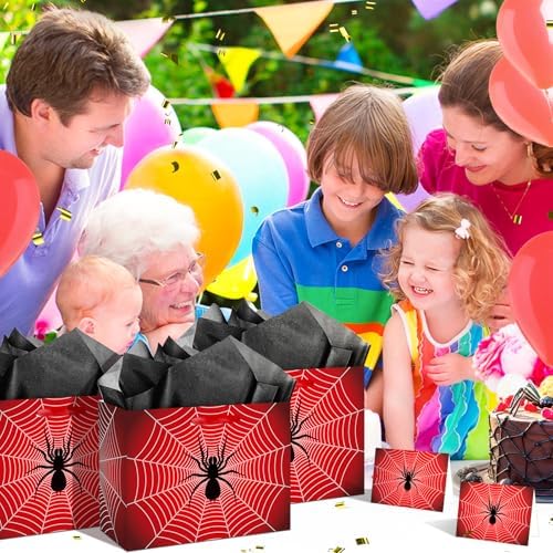 Yomaiha Spider Birthday Gift Bag Spider Party Paper Bags with Handles Tissue Paper and Card Red Black Webs Wrapping Bag Red Blue Party Decorations for Boys Men Birthday Christmas Supplies