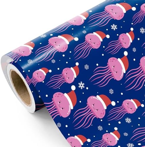WRAPAHOLIC Ocean Christmas Wrapping Paper - Mini Roll - 17 Inch x 16.5 Feet - Jellyfish with Snowflake Wrapping Paper for Christmas Holiday, Party Celebration
