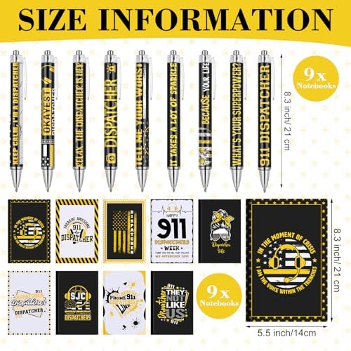 18 Pcs 911 Dispatcher Appreciation Gifts Include 9 Dispatcher Notebook Journals & 9 Inspirational Ballpoint Pens, Christmas Occupational Gifts for First Responder, Emergency Worker, Police