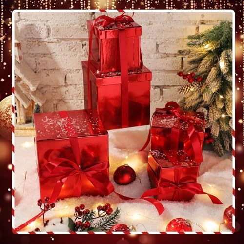 Cholemy 5 Pcs Square Nesting Boxes Decorative Gift Boxes with Lid and Ribbon Assorted Sizes Wrap for Wedding, Halloween, Thanksgiving, Christmas, Anniversary, Birthday, Bridal Party(Shiny Red)